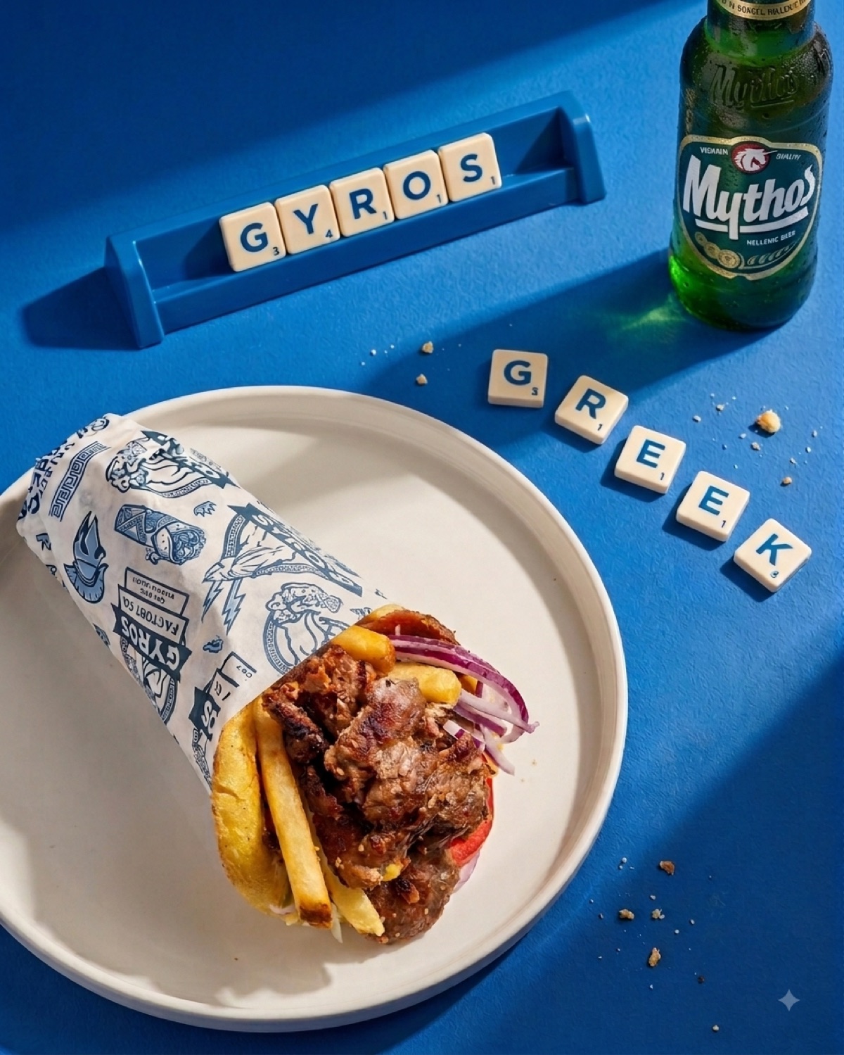 Styled flat lay — Gyros Factory wrap, plate and Greek beer