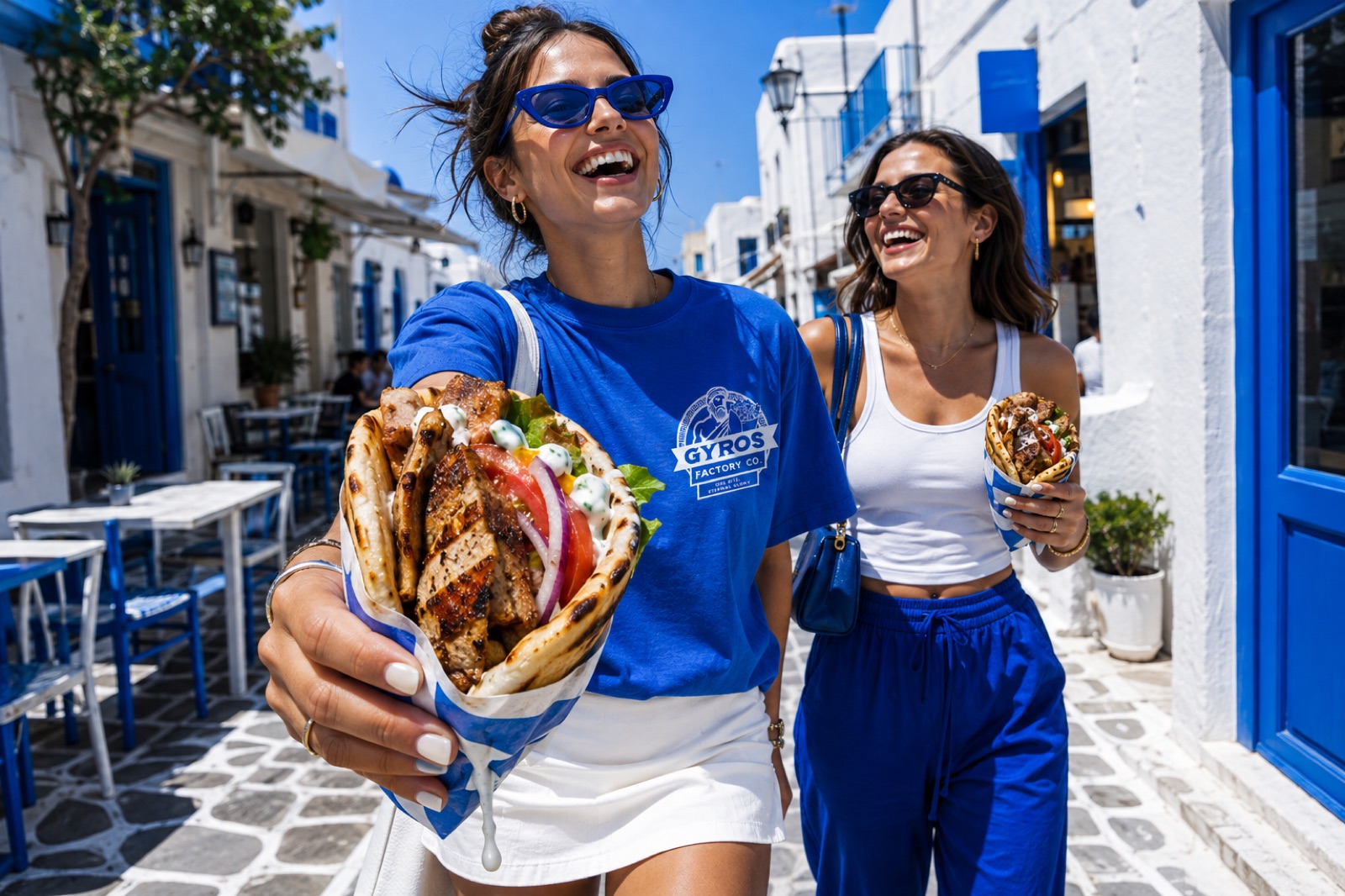 Gyros Factory Co. — branded tee and a loaded gyros in a Greek street
