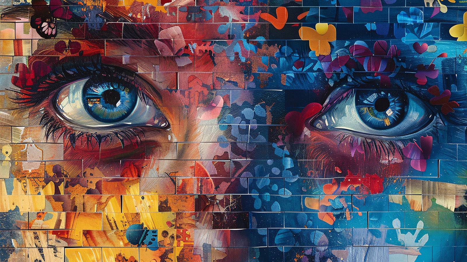 Colourful street-art mural of two eyes on a brick wall