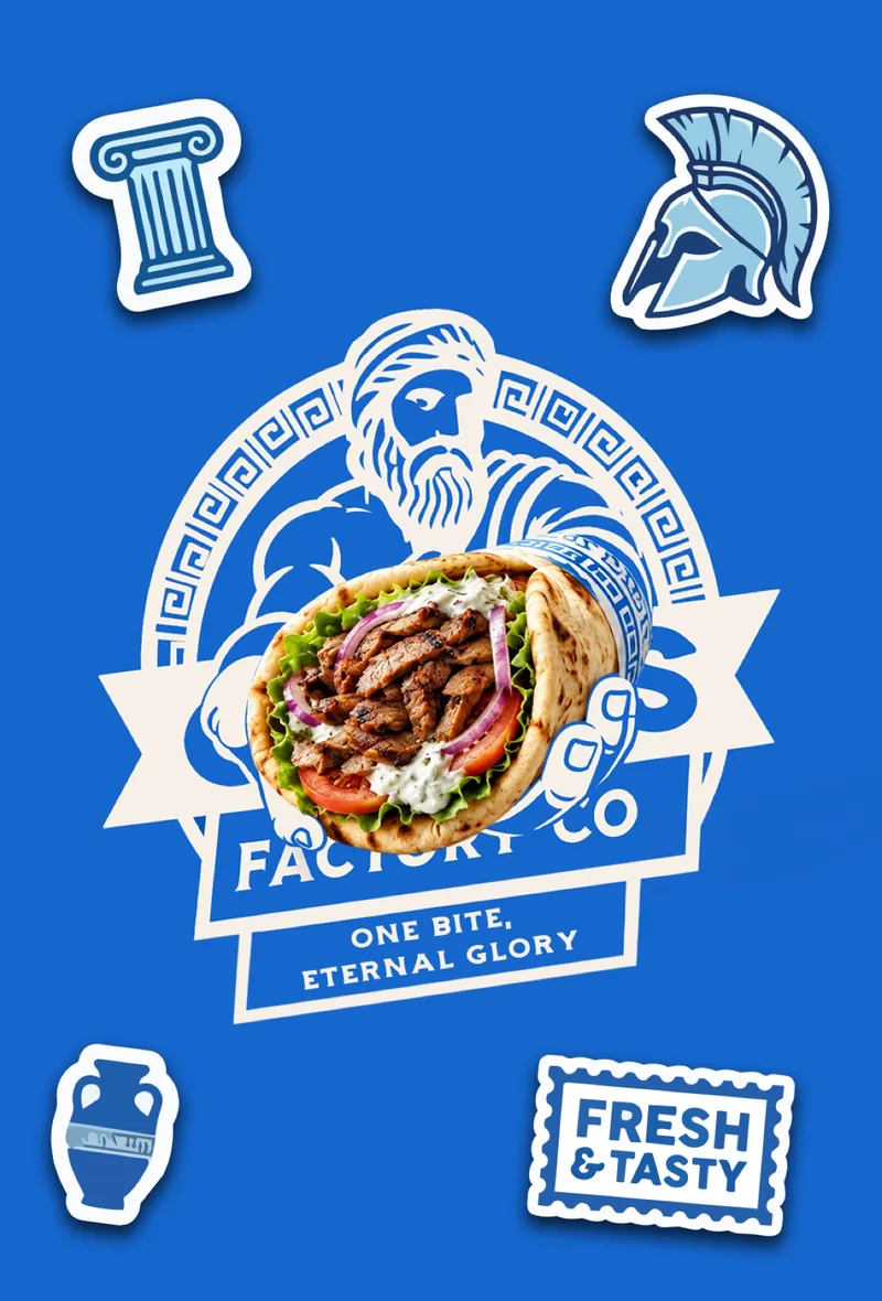 Gyros Factory Co. key visual — logo, gyros and Greek stickers