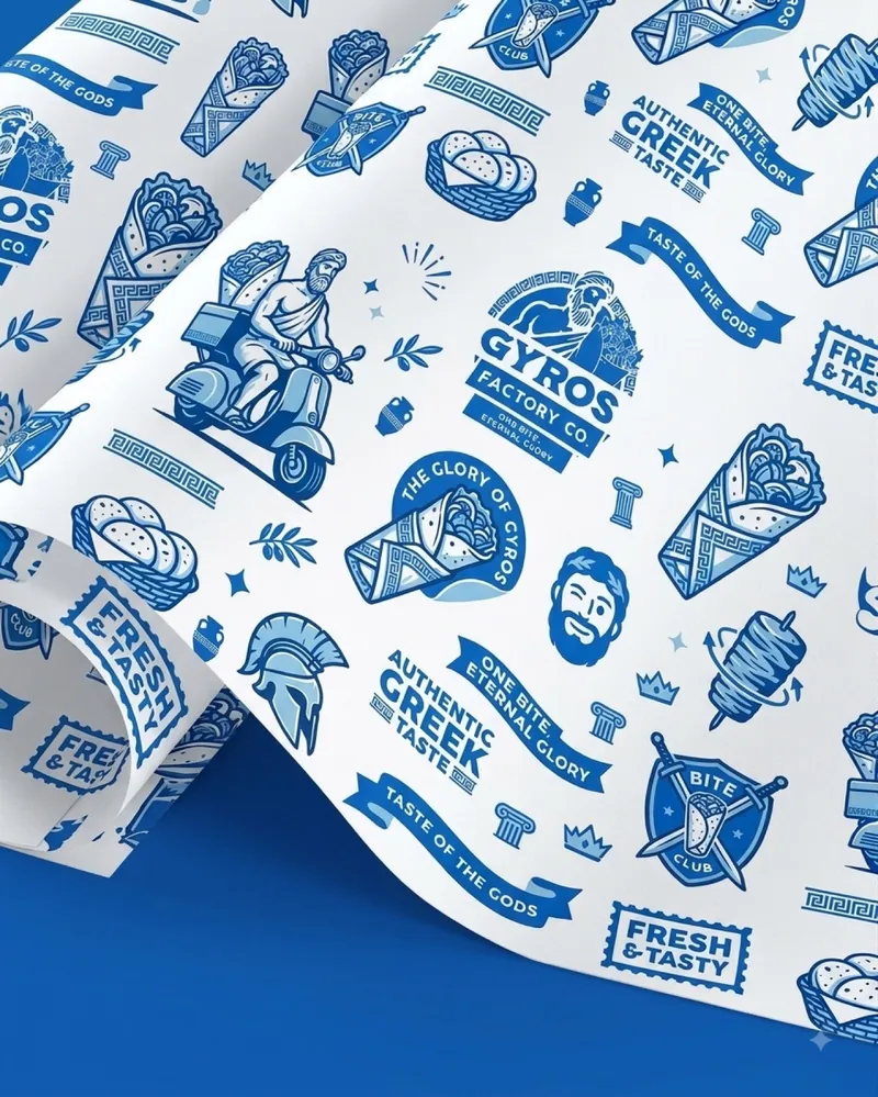 Gyros Factory Co. branded wrap paper — blue and white Greek pattern
